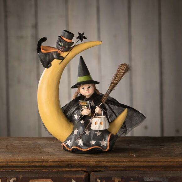 Bethany Lowe Mara On Moon Halloween Girl with Black Cat Ghost Bucket & Broom NEW - Picture 1 of 8